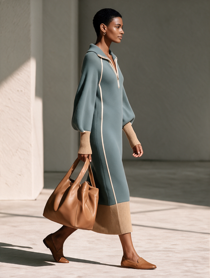 Women's Gray-Blue Collared Half-Zip Contrast-Piping Blouson-Sleeve Wool-Knit Maxi Dress – House of Velari