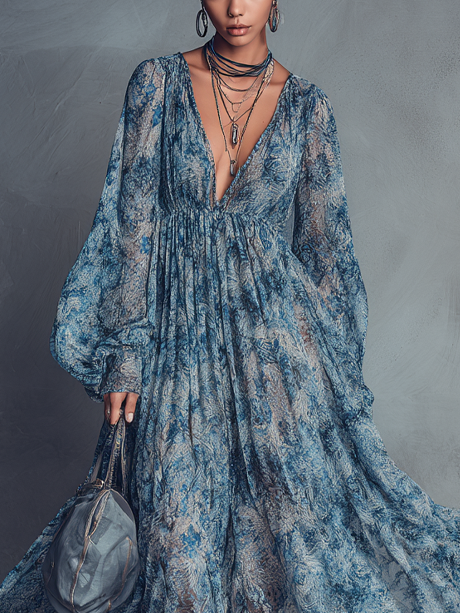 Women's Blue Chiffon Floral Print Maxi Dress – House of Velari