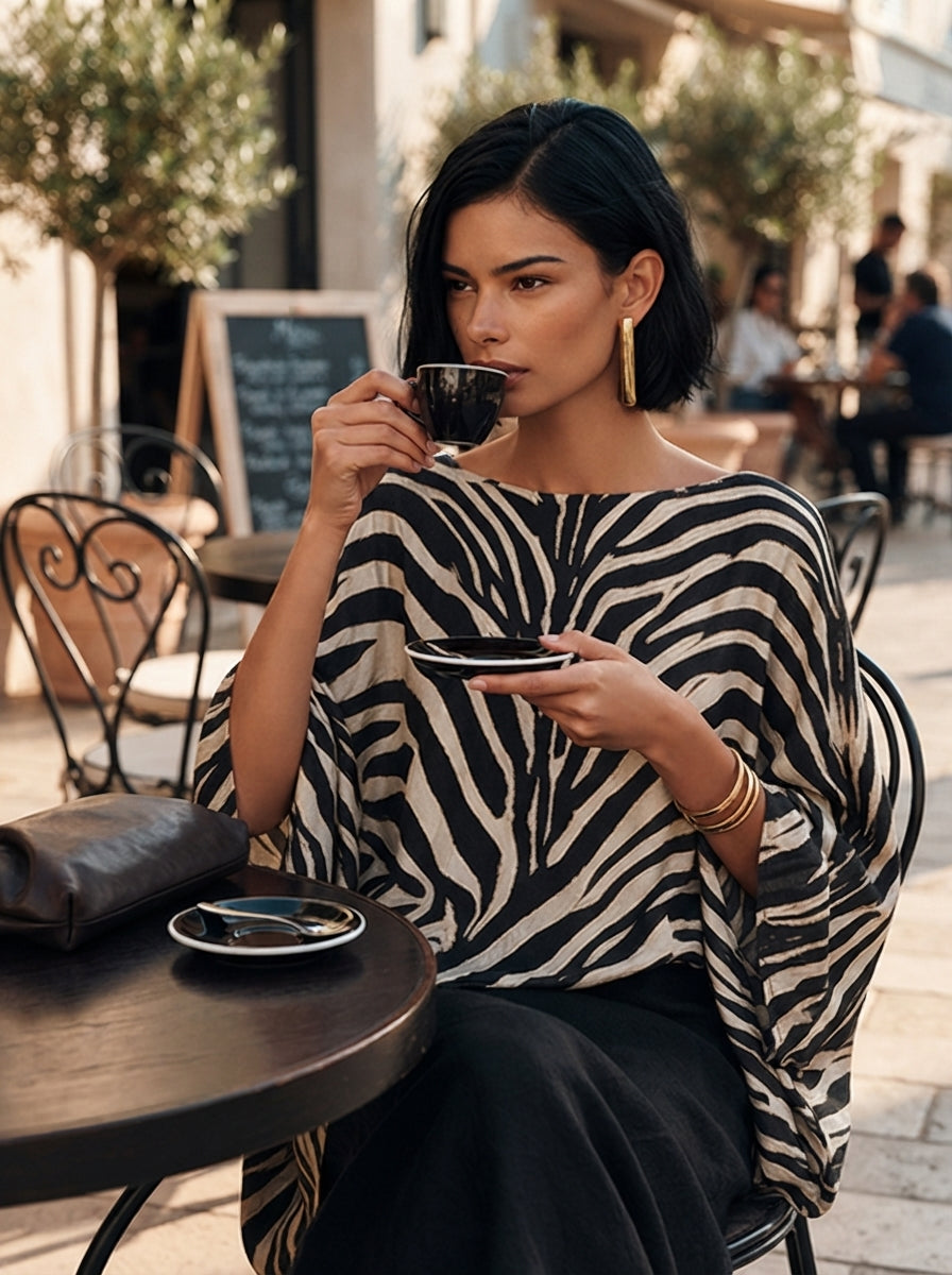 Women's Zebra-Print Asymmetric Hem Cotton-Blend Top – House of Velari