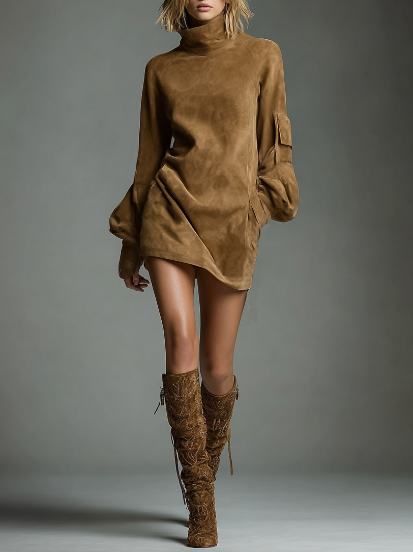 Women's Suede Turtleneck Vintage Mini Dress – House of Velari