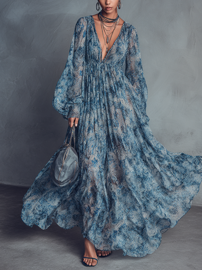 Women's Blue Chiffon Floral Print Maxi Dress – House of Velari