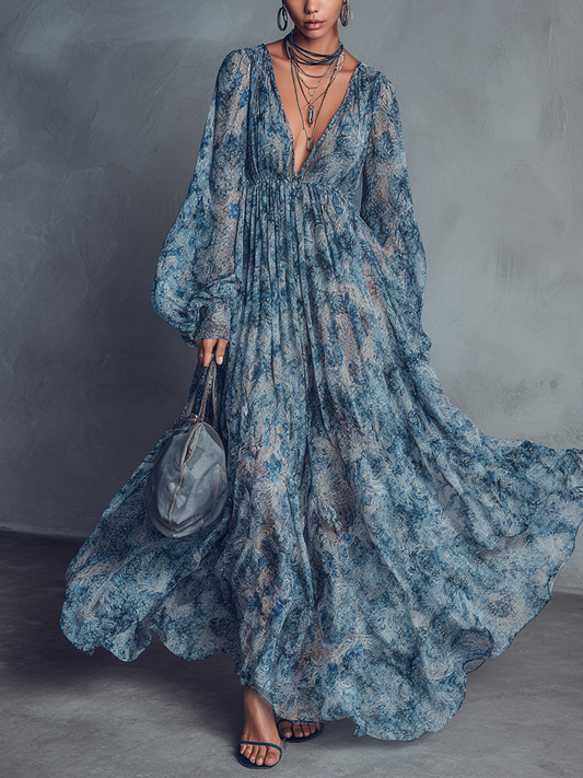 Women's Blue Chiffon Floral Print Maxi Dress – House of Velari
