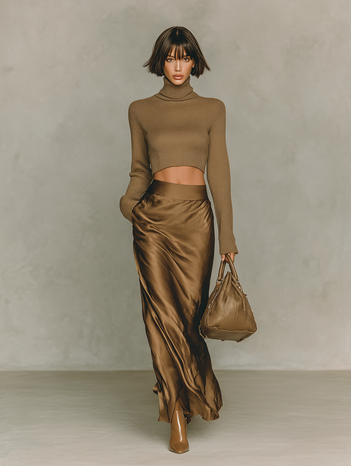 Women's Brown Knit Turtleneck Midi Skirt – House of Velari