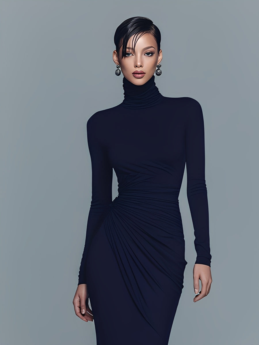Women's Navy Cotton Turtleneck Maxi Dress – House of Velari