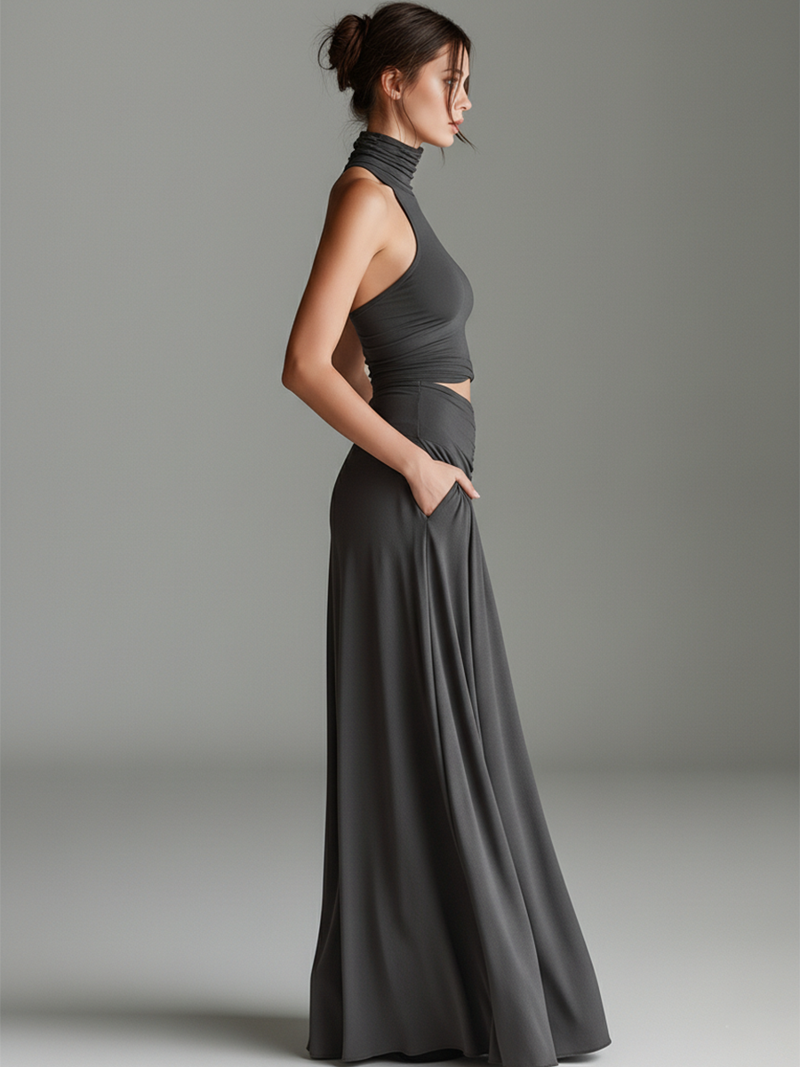 Women's Gray Knit Turtleneck Halter Dress – House of Velari
